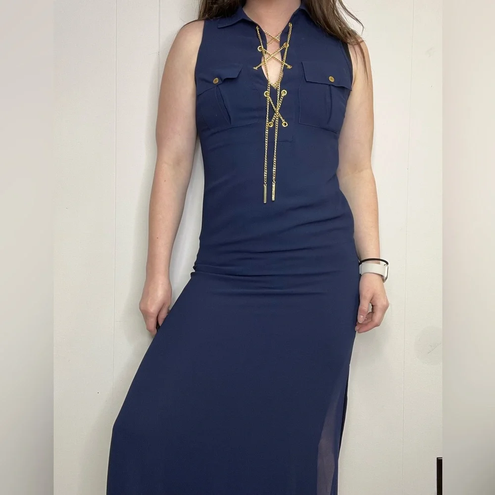 Micheal Kors Navy Sleeveless Maxi Dress With Chain Lace Up Neckline - Picture 1 of 16